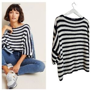 Anthropologie Evie Poncho Sweater Blue Ivory Stripe Oversized M/L